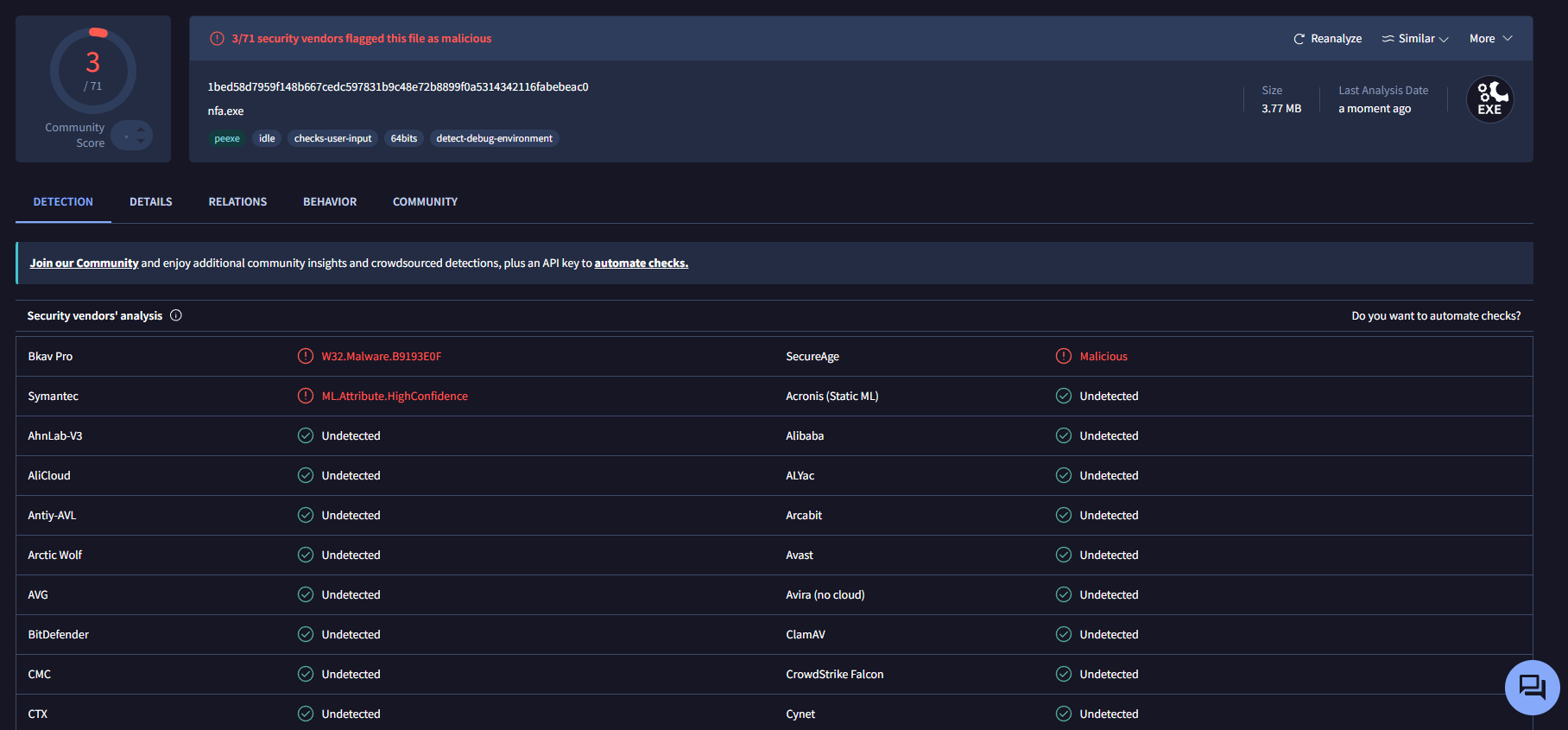 VirusTotal scan result 1